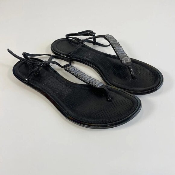Brian Atwood Womens Leather Thong Sandals Black 6.5 Embellished T-Strap Crystal